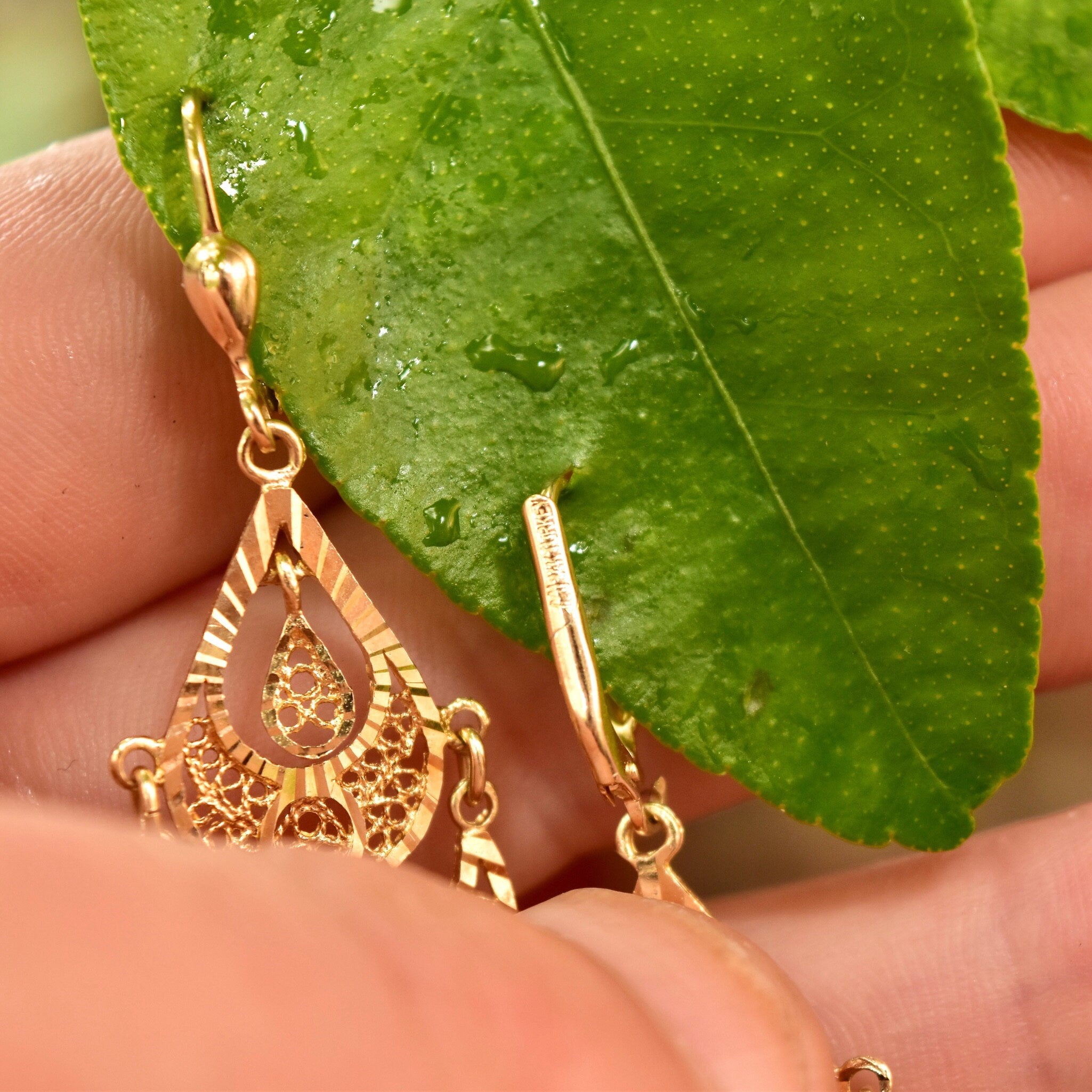 Vintage Turkish 14K Yellow Gold Filigree Chandelier Earrings, Ornate Diamond-Cut Teardrop Earrings, 585 Gold Lever Backs, 54mm