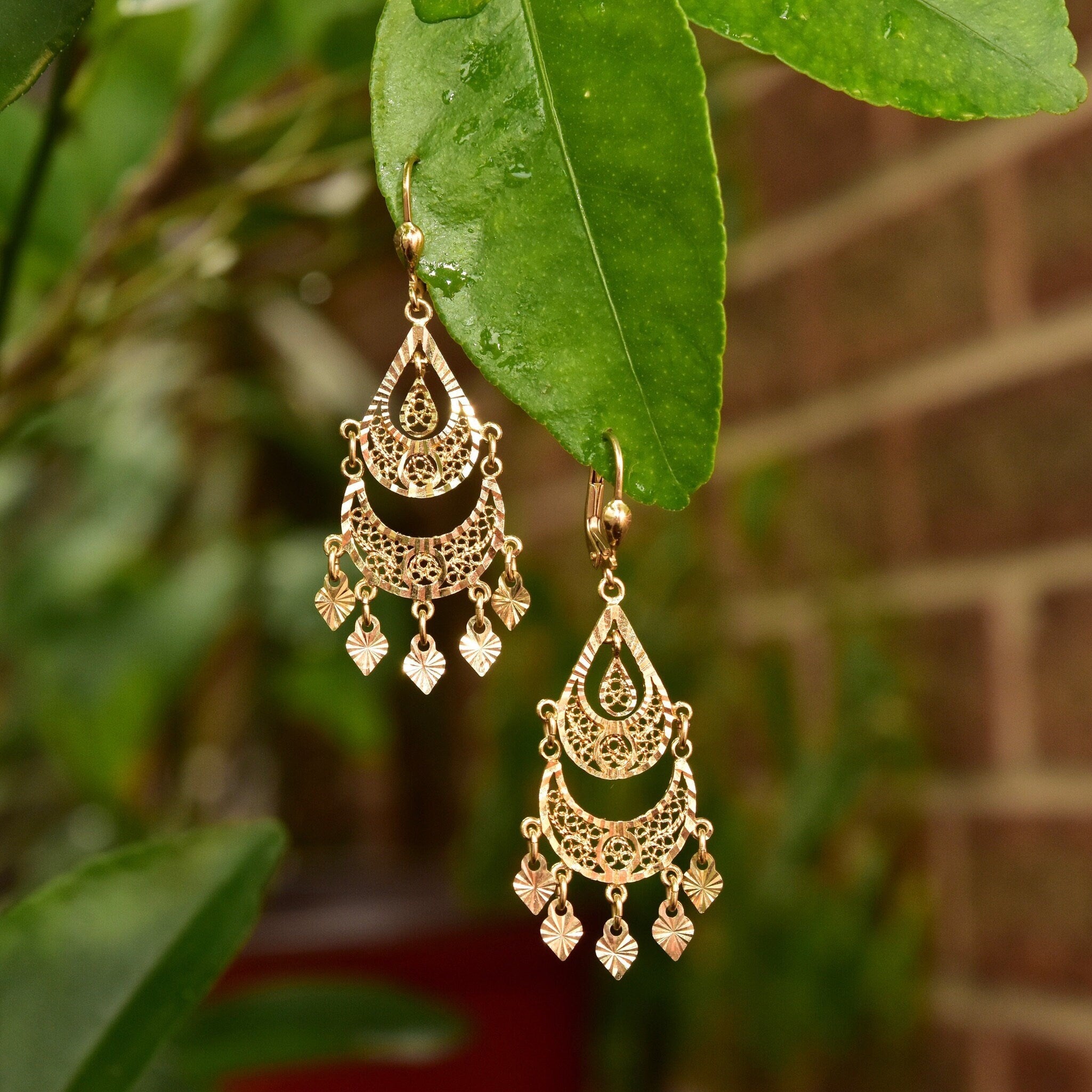 Vintage Turkish 14K Yellow Gold Filigree Chandelier Earrings, Ornate Diamond-Cut Teardrop Earrings, 585 Gold Lever Backs, 54mm