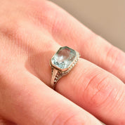 Antique Art Deco 14K White Gold Filigree Aquamarine Ring, Faceted Pale Blue Gemstone, Intricate Setting, March Birthstone, Size 6 1/2 US