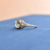 Antique Art Deco 14K White Gold Filigree Aquamarine Ring, Faceted Pale Blue Gemstone, Intricate Setting, March Birthstone, Size 6 1/2 US