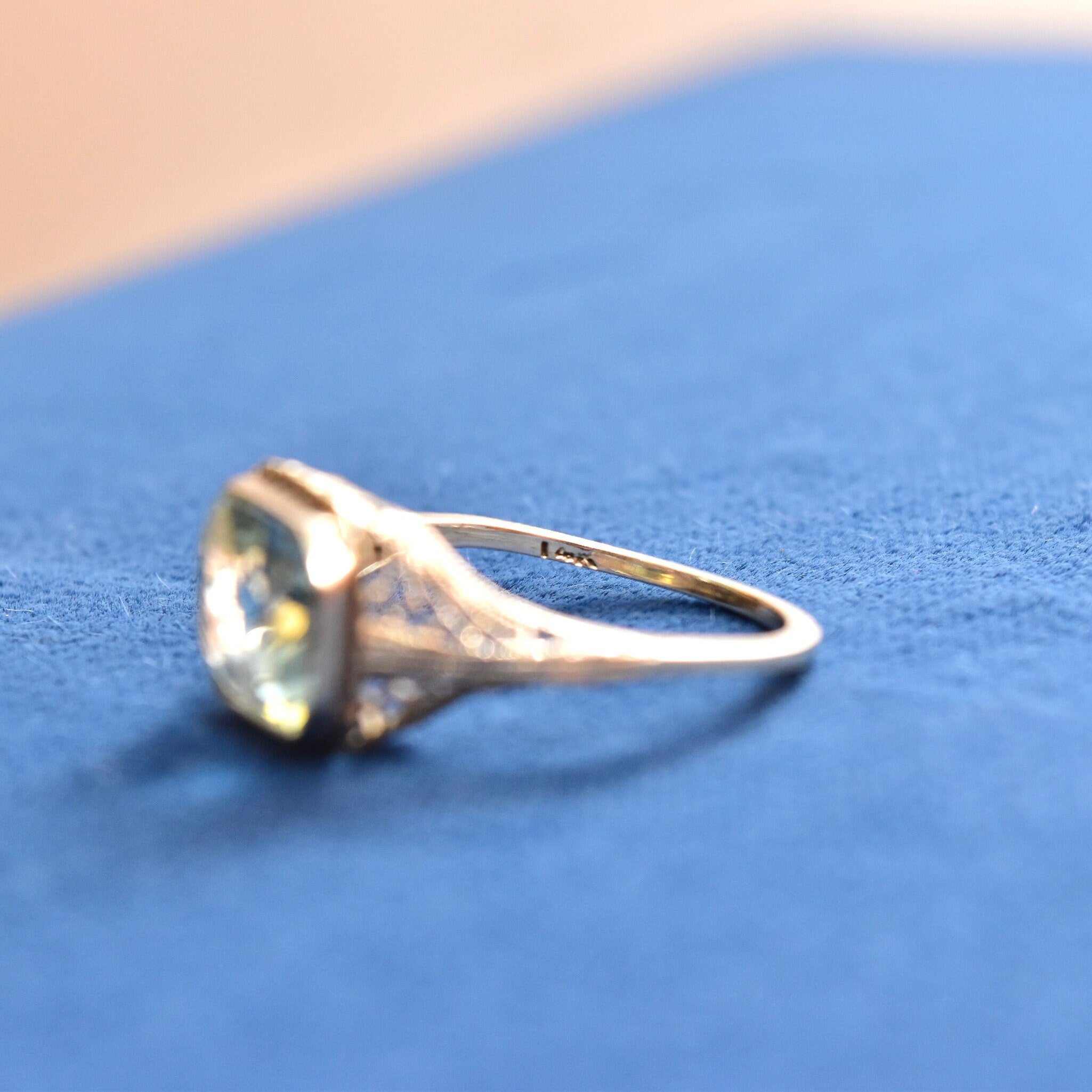 Antique Art Deco 14K White Gold Filigree Aquamarine Ring, Faceted Pale Blue Gemstone, Intricate Setting, March Birthstone, Size 6 1/2 US