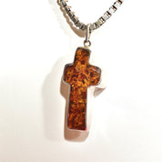 Vintage Large Sterling Silver Baltic Amber Cross Pendant, Incredible Inclusions, Modernist 925 Gemstone Cross Pendant, 2 7/8 L