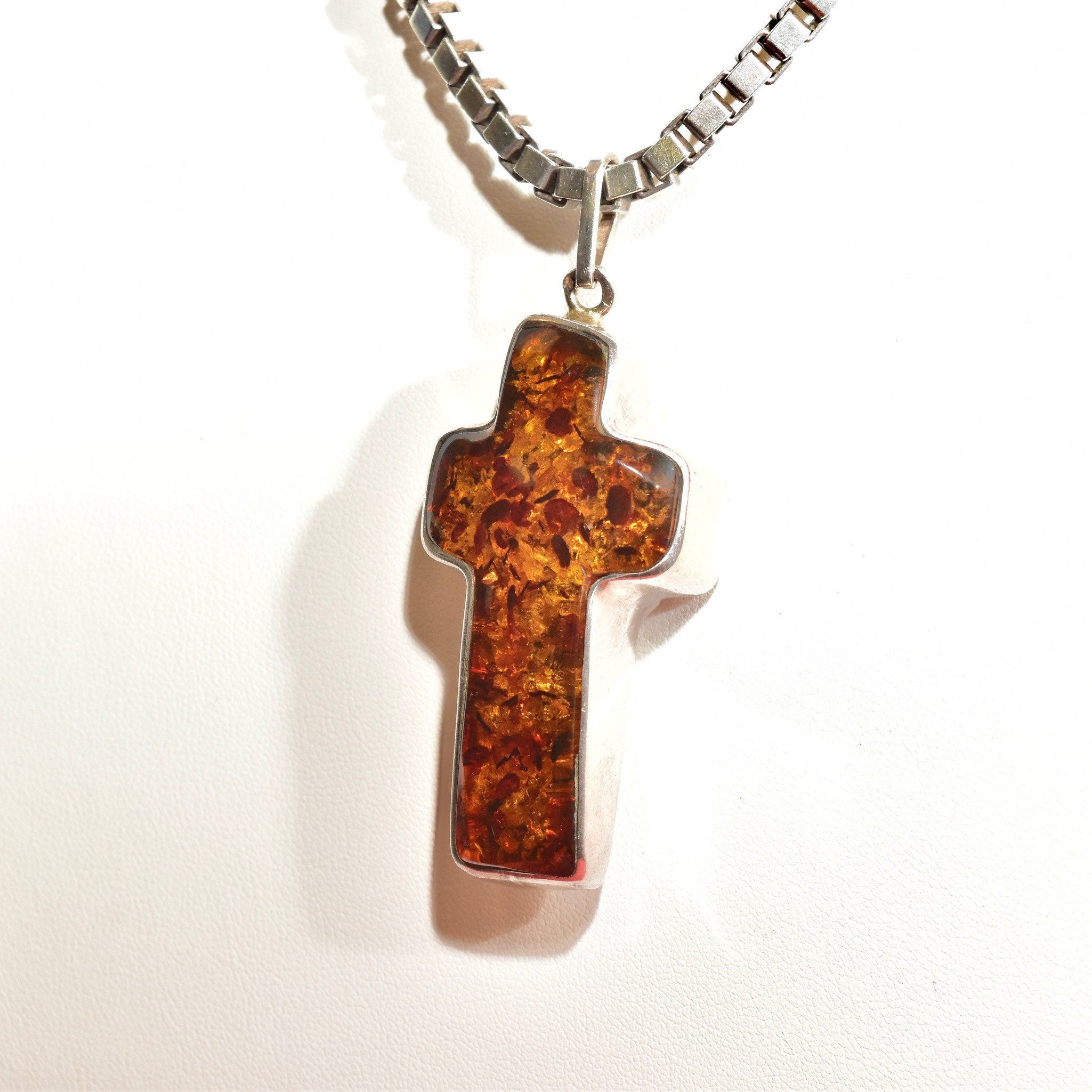 Vintage Large Sterling Silver Baltic Amber Cross Pendant, Incredible Inclusions, Modernist 925 Gemstone Cross Pendant, 2 7/8 L