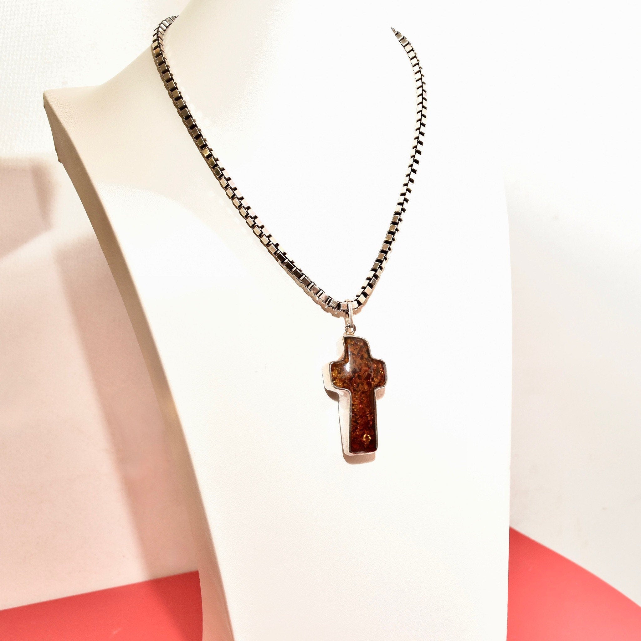 Vintage Large Sterling Silver Baltic Amber Cross Pendant, Incredible Inclusions, Modernist 925 Gemstone Cross Pendant, 2 7/8 L