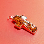 Vintage Large Sterling Silver Baltic Amber Cross Pendant, Incredible Inclusions, Modernist 925 Gemstone Cross Pendant, 2 7/8 L