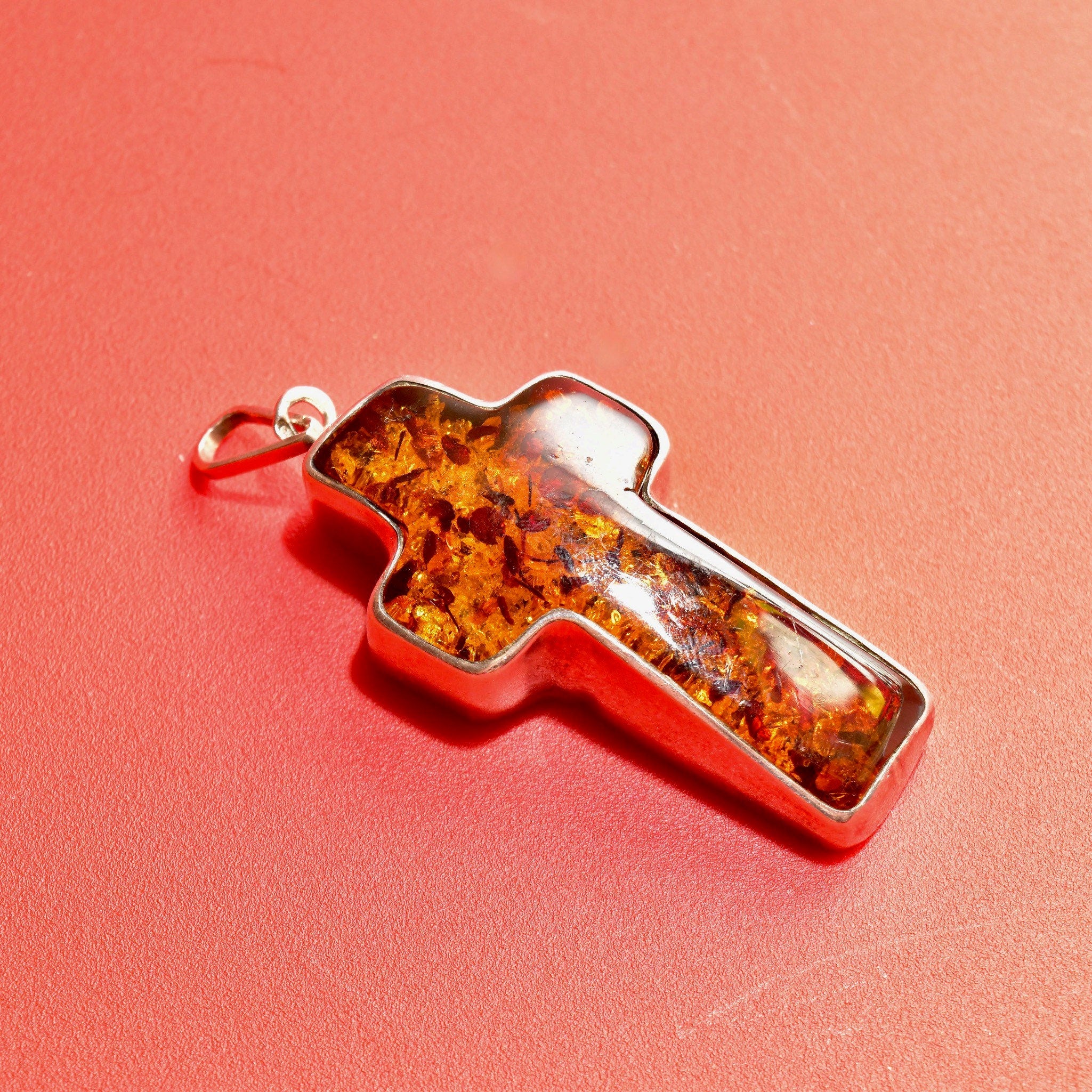 Vintage Large Sterling Silver Baltic Amber Cross Pendant, Incredible Inclusions, Modernist 925 Gemstone Cross Pendant, 2 7/8 L