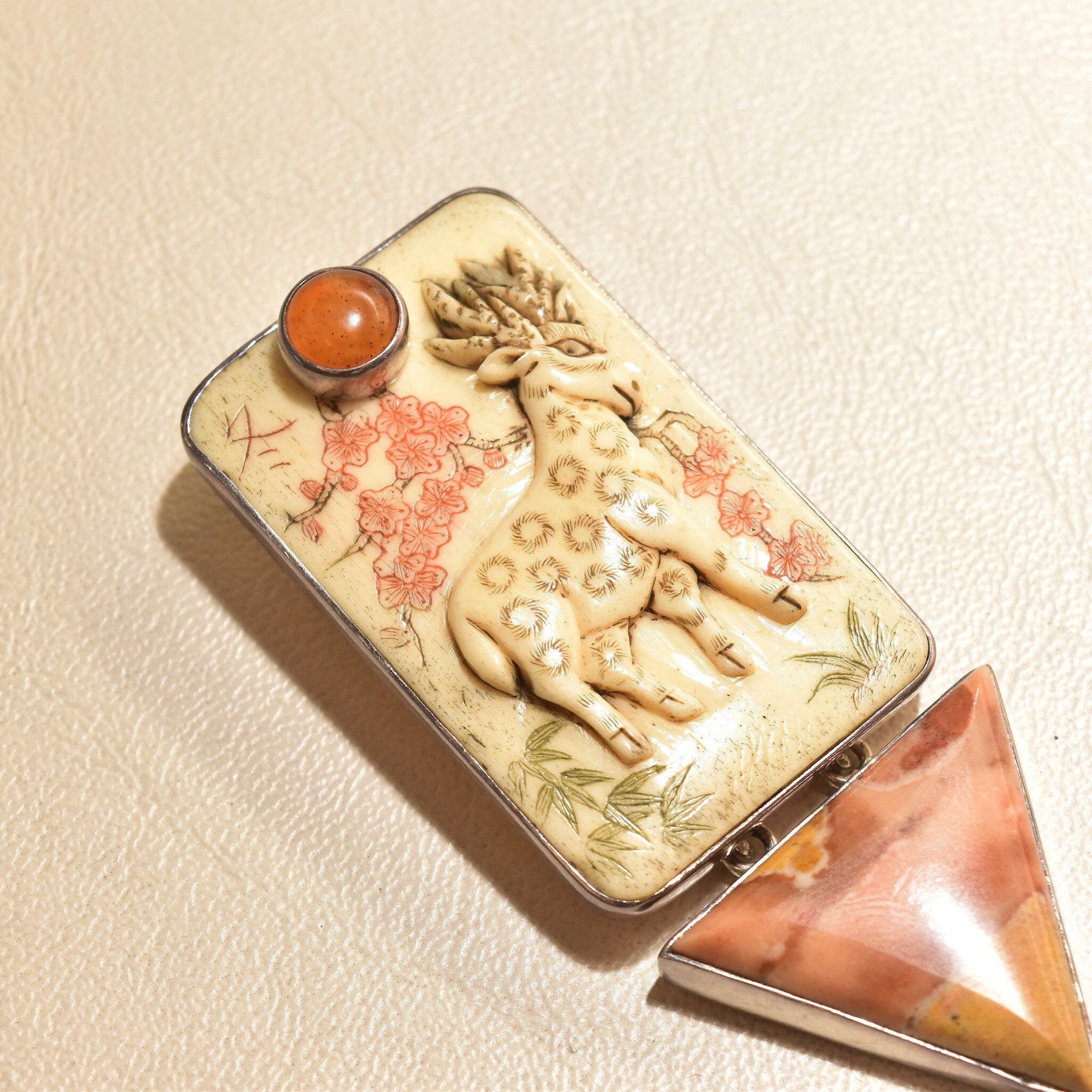 Signed Sterling Silver Amy K. Russell Deer Brooch, Carved Bone Deer Brooch, Tangerine Quartz and Aragonite Brooch, 81mm
