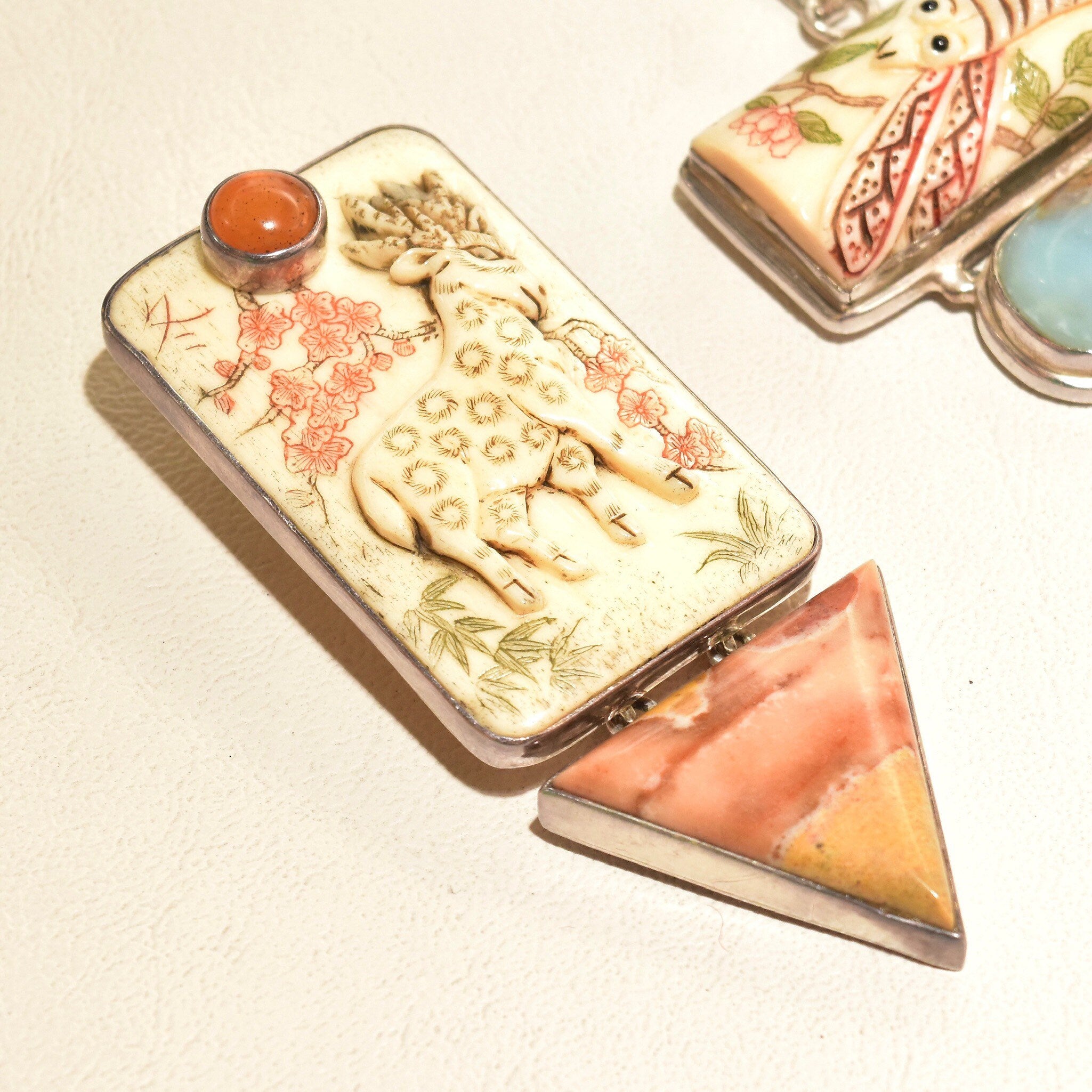 Signed Sterling Silver Amy K. Russell Deer Brooch, Carved Bone Deer Brooch, Tangerine Quartz and Aragonite Brooch, 81mm