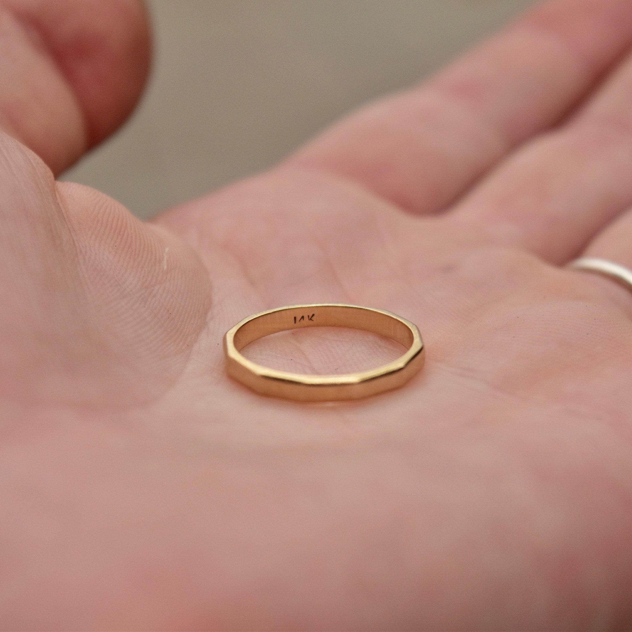 Minimalist 14K Band Ring, Bamboo Style Yellow Gold Stacking Ring, Hexagonal Gold Band, Size 6 US