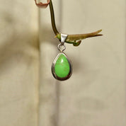 Vintage Mexican Sterling Silver Gaspeite Teardrop Pendant, Bohemian Modernist, Lime Green Gemstone, Polished Silver Drop Setting, 4mm
