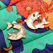 Linda Hesh Sterling Silver Fish Stud Earrings, Chunky Alternating Pierced Fish Earrings, Vintage Modernist Jewelry, 1 3/4"