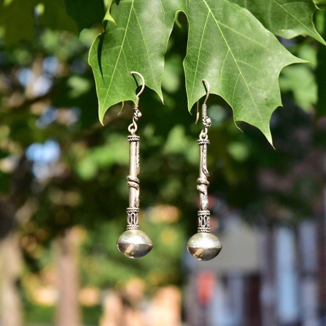Balinese Sterling Silver Long Ball Drop Earrings, Snake Coil Embellishment, Vintage Bohemian Accessories, 3 1/4" L