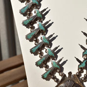 Signed Tommy Singer Peyote Bird Turquoise Chip Necklace, Sterling Silver Squash Blossom Necklace, Vintage Native American Jewelry, 27" L