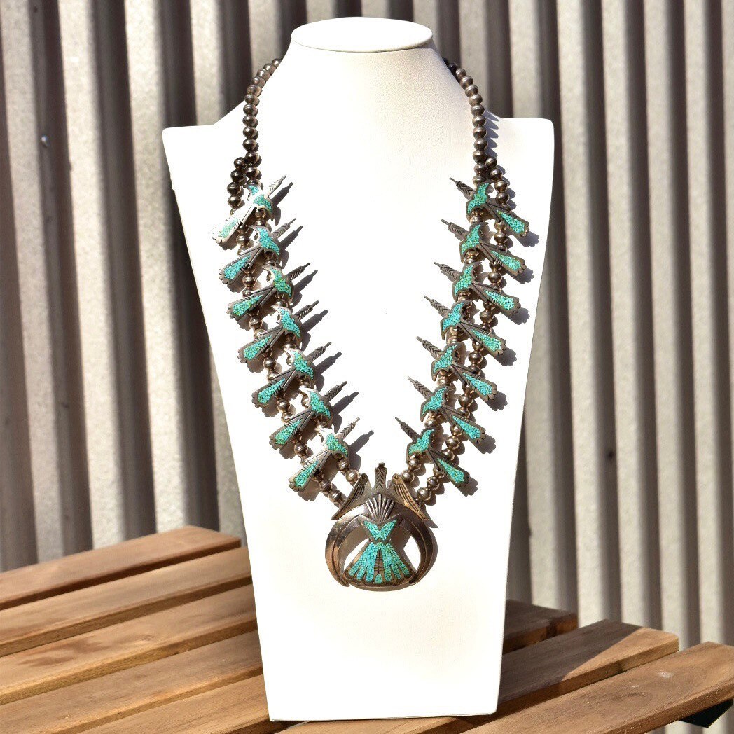 Signed Tommy Singer Peyote Bird Turquoise Chip Necklace, Sterling Silver Squash Blossom Necklace, Vintage Native American Jewelry, 27" L