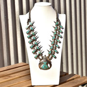Signed Tommy Singer Peyote Bird Turquoise Chip Necklace, Sterling Silver Squash Blossom Necklace, Vintage Native American Jewelry, 27" L
