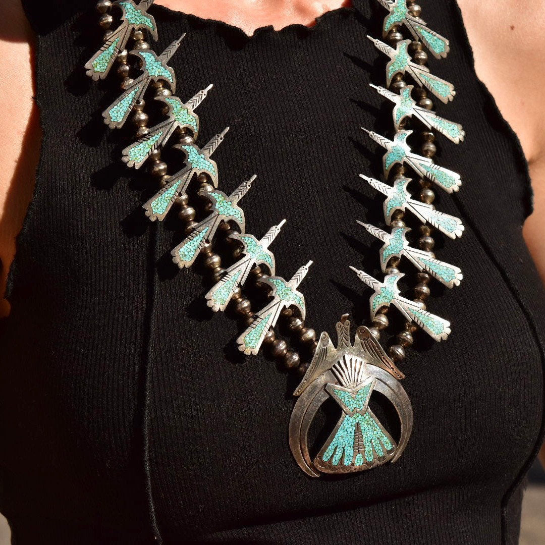 Signed Tommy Singer Peyote Bird Turquoise Chip Necklace, Sterling Silver Squash Blossom Necklace, Vintage Native American Jewelry, 27" L