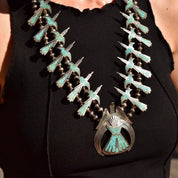 Signed Tommy Singer Peyote Bird Turquoise Chip Necklace, Sterling Silver Squash Blossom Necklace, Vintage Native American Jewelry, 27" L