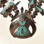 Signed Tommy Singer Peyote Bird Turquoise Chip Necklace, Sterling Silver Squash Blossom Necklace, Vintage Native American Jewelry, 27" L