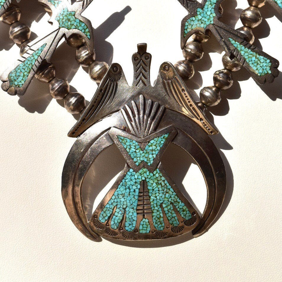 Signed Tommy Singer Peyote Bird Turquoise Chip Necklace, Sterling Silver Squash Blossom Necklace, Vintage Native American Jewelry, 27" L