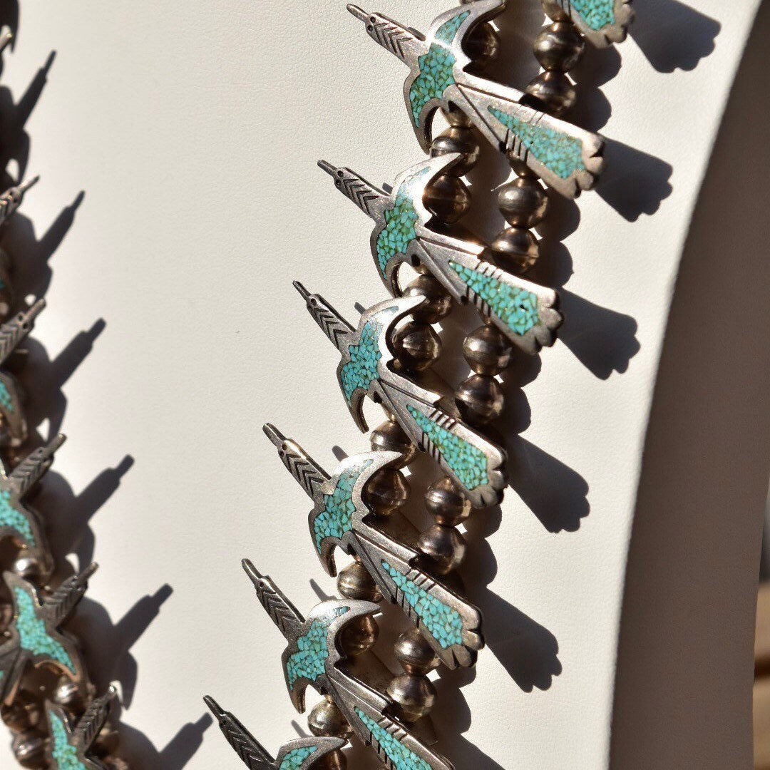 Signed Tommy Singer Peyote Bird Turquoise Chip Necklace, Sterling Silver Squash Blossom Necklace, Vintage Native American Jewelry, 27" L