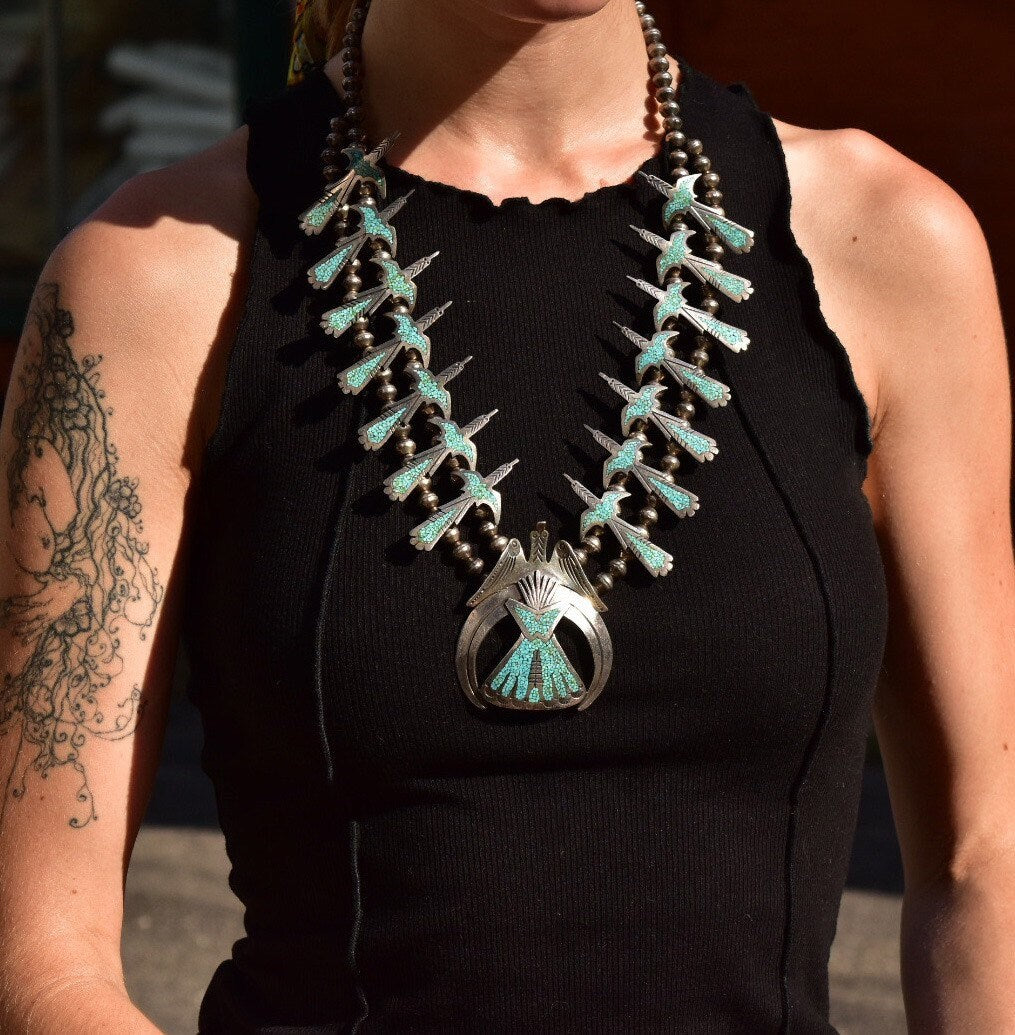 Signed Tommy Singer Peyote Bird Turquoise Chip Necklace, Sterling Silver Squash Blossom Necklace, Vintage Native American Jewelry, 27" L