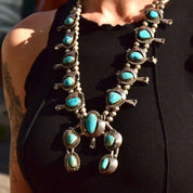 Native American Turquoise Squash Blossom Necklace, Heavy Silver Turquoise Pendant Necklace, Vintage Navajo Old Pawn Jewelry, 26 1/2"
