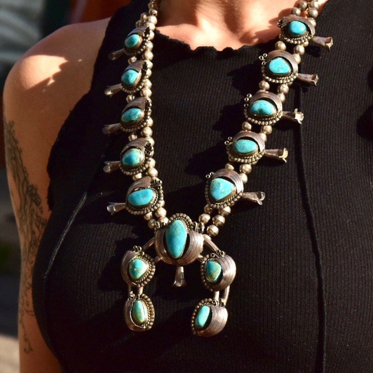 Native American Turquoise Squash Blossom Necklace, Heavy Silver Turquoise Pendant Necklace, Vintage Navajo Old Pawn Jewelry, 26 1/2"