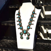 Native American Turquoise Squash Blossom Necklace, Heavy Silver Turquoise Pendant Necklace, Vintage Navajo Old Pawn Jewelry, 26 1/2"