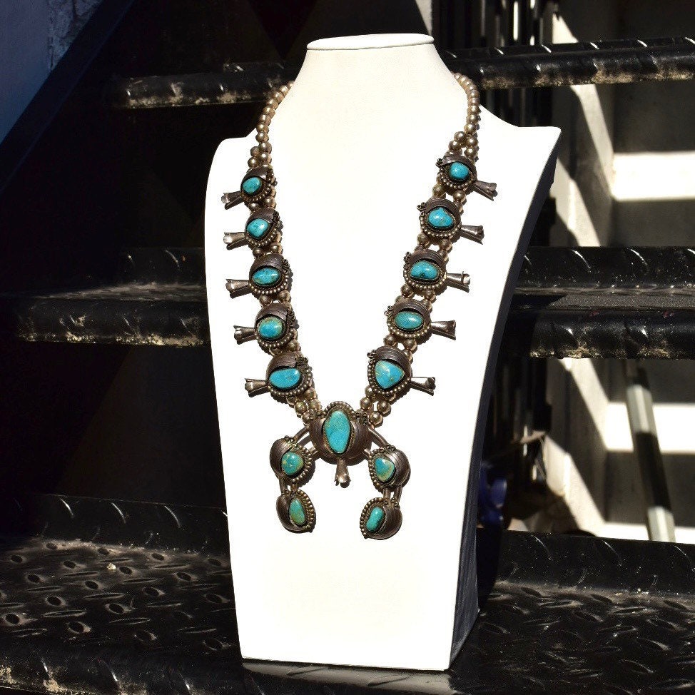 Native American Turquoise Squash Blossom Necklace, Heavy Silver Turquoise Pendant Necklace, Vintage Navajo Old Pawn Jewelry, 26 1/2"