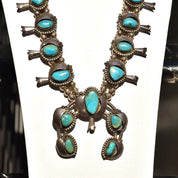 Native American Turquoise Squash Blossom Necklace, Heavy Silver Turquoise Pendant Necklace, Vintage Navajo Old Pawn Jewelry, 26 1/2"
