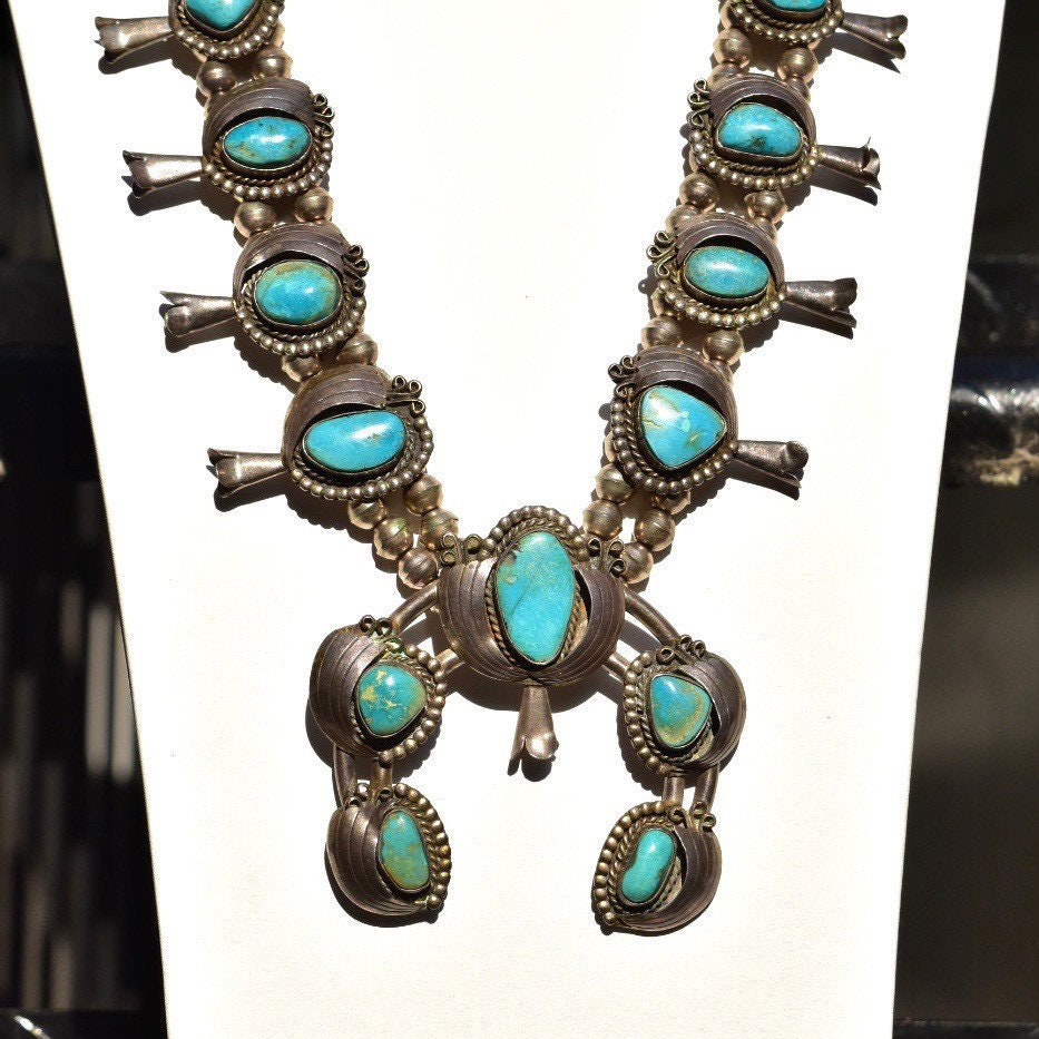 Native American Turquoise Squash Blossom Necklace, Heavy Silver Turquoise Pendant Necklace, Vintage Navajo Old Pawn Jewelry, 26 1/2"
