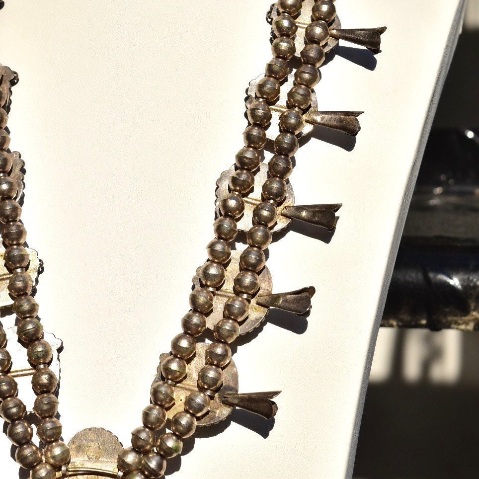Native American Turquoise Squash Blossom Necklace, Heavy Silver Turquoise Pendant Necklace, Vintage Navajo Old Pawn Jewelry, 26 1/2"