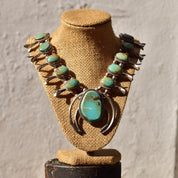Signed Native American Green Turquoise Squash Blossom Necklace, L. Begay Sterling, Navajo Old Pawn Jewelry, 22 3/4"