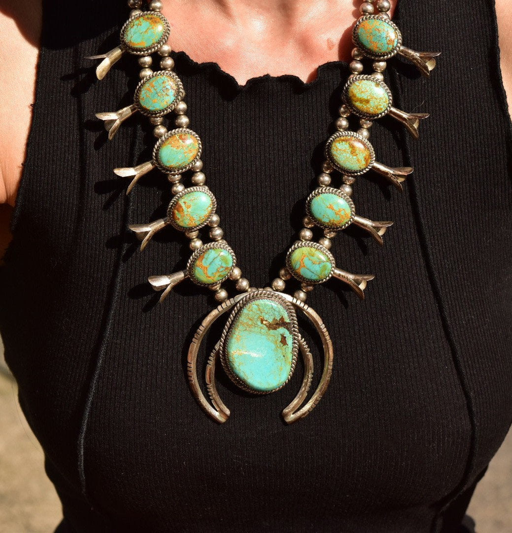Signed Native American Green Turquoise Squash Blossom Necklace, L. Begay Sterling, Navajo Old Pawn Jewelry, 22 3/4"