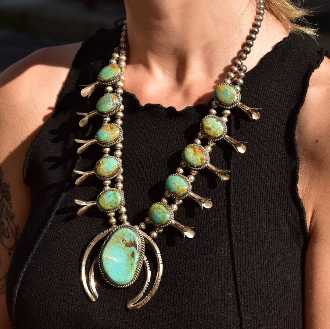 Signed Native American Green Turquoise Squash Blossom Necklace, L. Begay Sterling, Navajo Old Pawn Jewelry, 22 3/4"