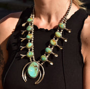 Signed Native American Green Turquoise Squash Blossom Necklace, L. Begay Sterling, Navajo Old Pawn Jewelry, 22 3/4"