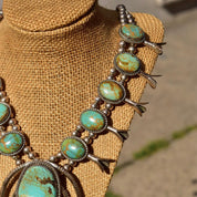 Signed Native American Green Turquoise Squash Blossom Necklace, L. Begay Sterling, Navajo Old Pawn Jewelry, 22 3/4"