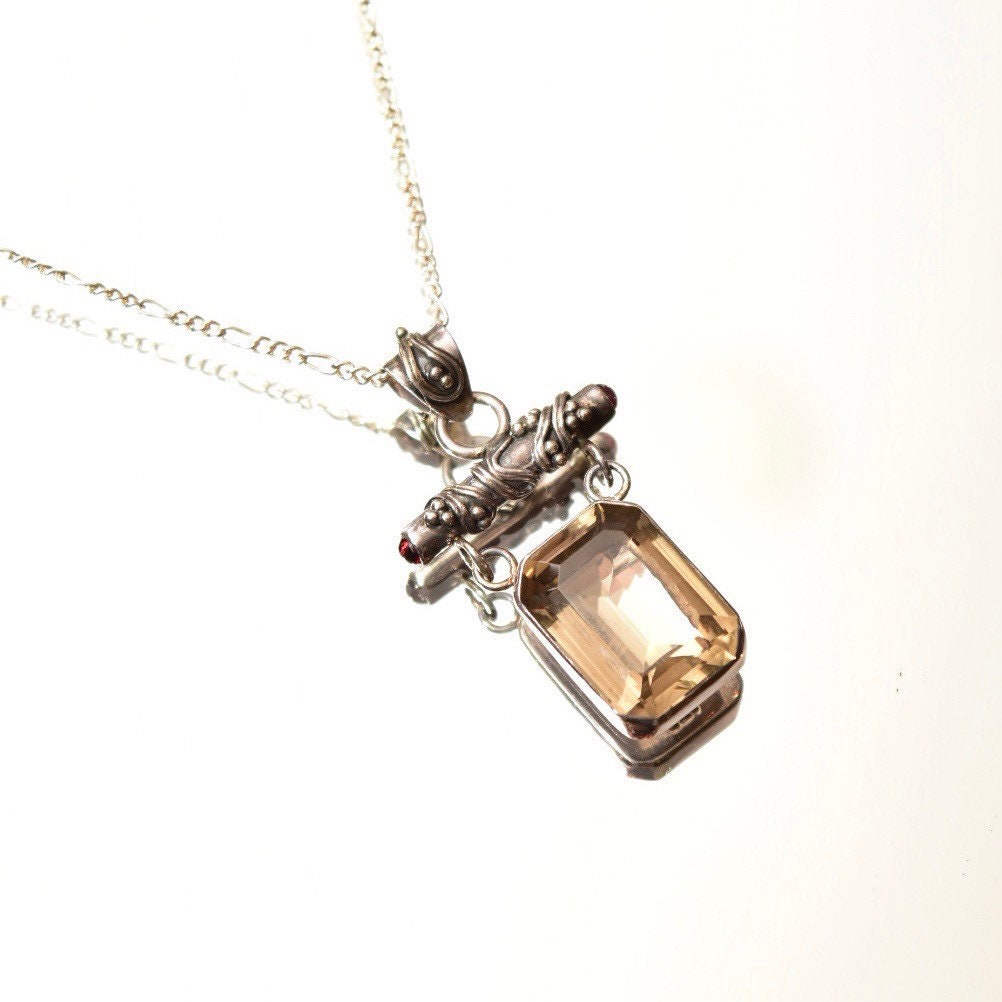 Lori Bonn Sterling Silver Smoky Quartz Double Drop Pendant Necklace, Emerald Cut Gemstone, 18" Figaro Chain, Modernist Jewelry, 17 1/2"