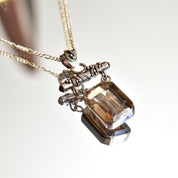 Lori Bonn Sterling Silver Smoky Quartz Double Drop Pendant Necklace, Emerald Cut Gemstone, 18" Figaro Chain, Modernist Jewelry, 17 1/2"