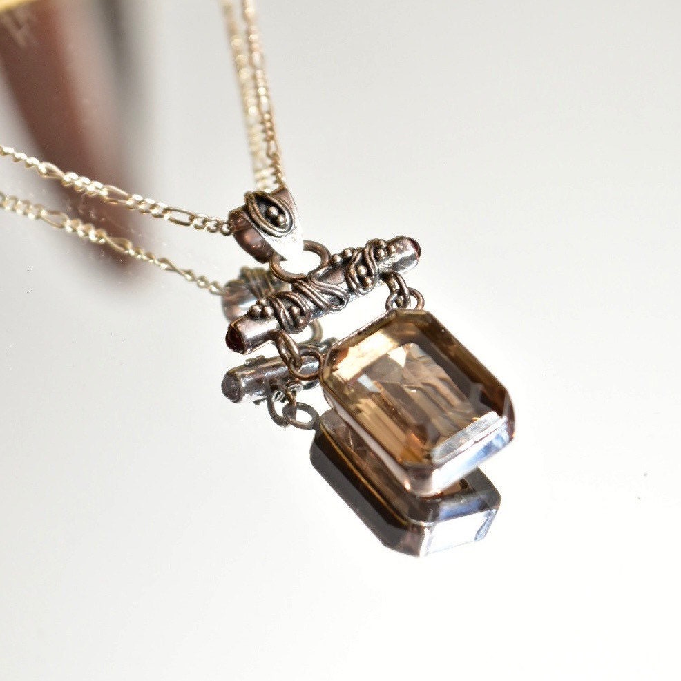 Lori Bonn Sterling Silver Smoky Quartz Double Drop Pendant Necklace, Emerald Cut Gemstone, 18" Figaro Chain, Modernist Jewelry, 17 1/2"