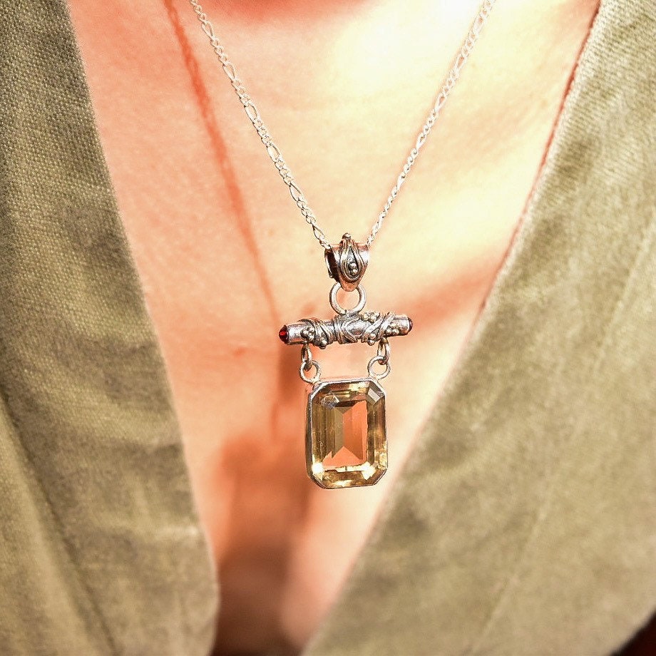 Lori Bonn Sterling Silver Smoky Quartz Double Drop Pendant Necklace, Emerald Cut Gemstone, 18" Figaro Chain, Modernist Jewelry, 17 1/2"