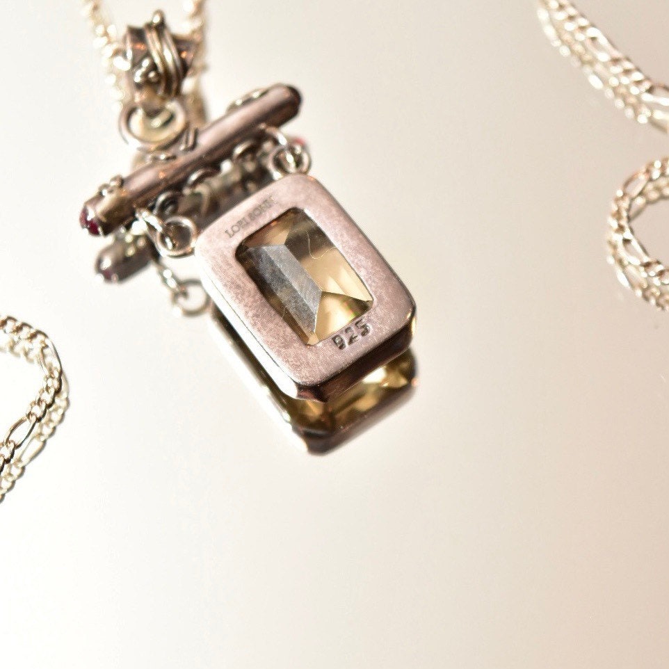 Lori Bonn Sterling Silver Smoky Quartz Double Drop Pendant Necklace, Emerald Cut Gemstone, 18" Figaro Chain, Modernist Jewelry, 17 1/2"