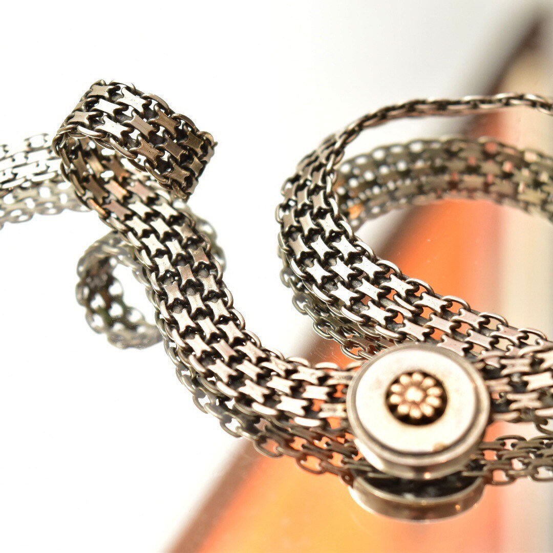 Victorian Style Two-Tone Silver Mesh Collar Necklace, Wide Ornate Link Chain W/ Gold Flower Medallions, Book Chain Necklace, 16" L