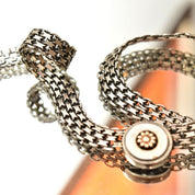 Victorian Style Two-Tone Silver Mesh Collar Necklace, Wide Ornate Link Chain W/ Gold Flower Medallions, Book Chain Necklace, 16" L