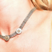 Victorian Style Two-Tone Silver Mesh Collar Necklace, Wide Ornate Link Chain W/ Gold Flower Medallions, Book Chain Necklace, 16" L