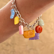 Sterling Silver Multi-Color Burmese Jade Charm Bracelet, Multi-Color Carved Stone Charms, Detachable Charms, Toggle Clasp, 8 1/2 L