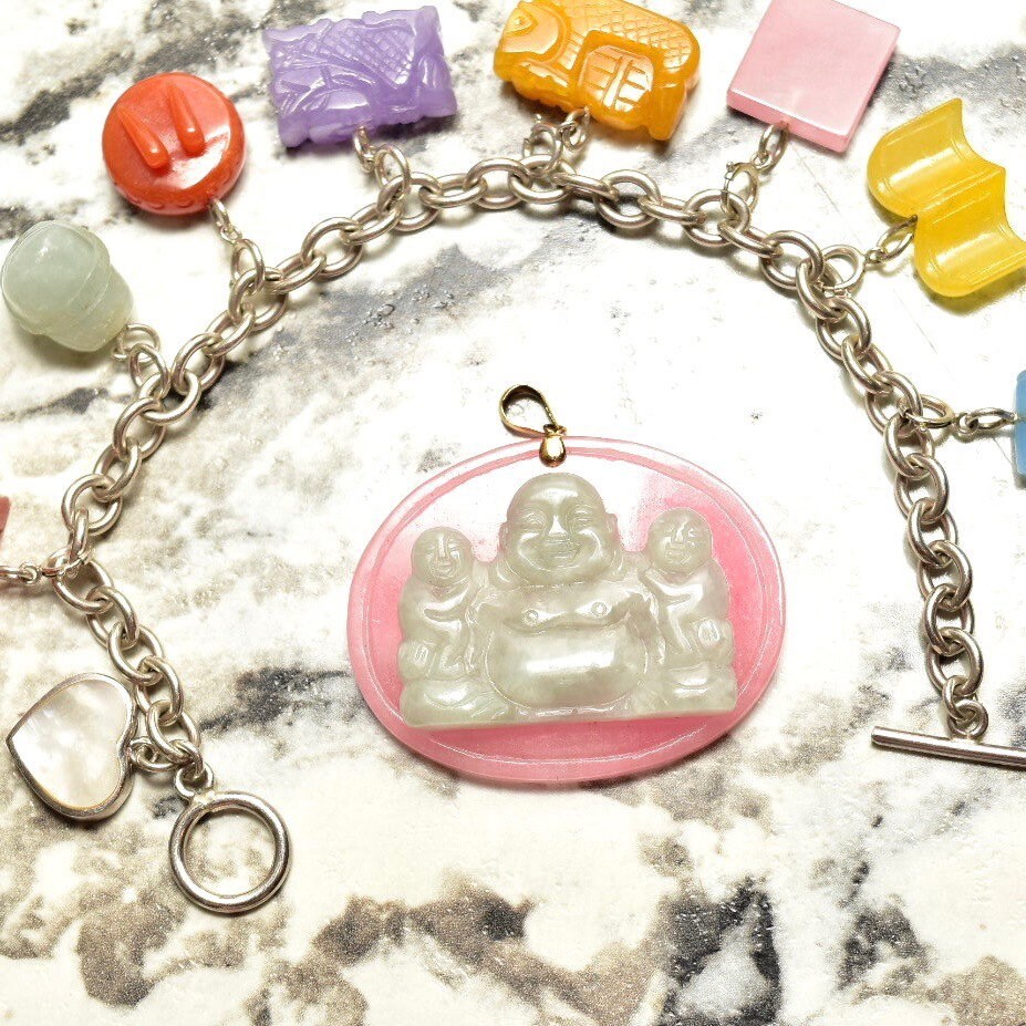 Sterling Silver Multi-Color Burmese Jade Charm Bracelet, Multi-Color Carved Stone Charms, Detachable Charms, Toggle Clasp, 8 1/2 L