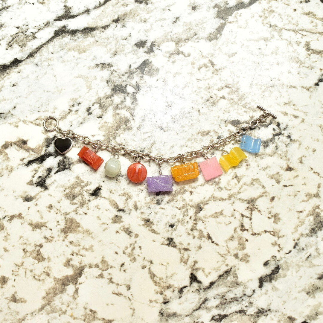 Sterling Silver Multi-Color Burmese Jade Charm Bracelet, Multi-Color Carved Stone Charms, Detachable Charms, Toggle Clasp, 8 1/2 L