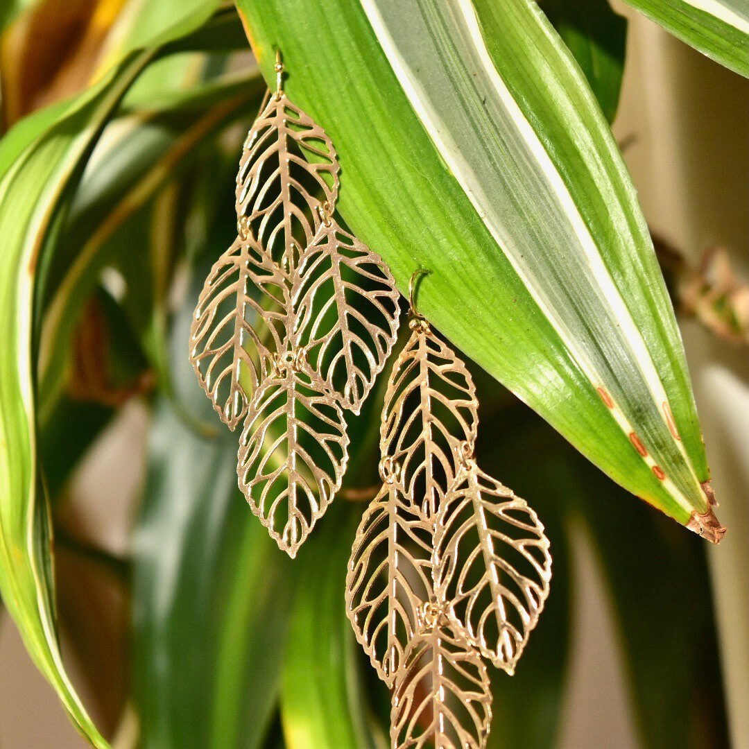 Ornate Gold-Toned Layered Hollow Leaf Dangle Earrings