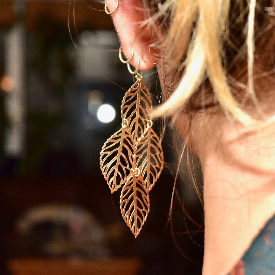 Ornate Gold-Toned Layered Hollow Leaf Dangle Earrings